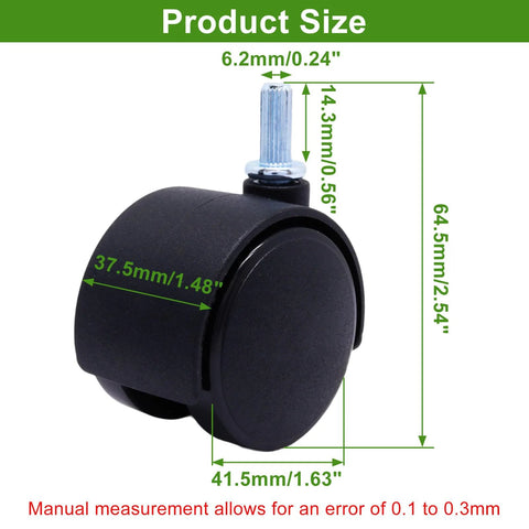 1.5 inch swivel furniture casters with M6 rod, black nylon wheel, 37.5mm width, 40mm diameter, dimensions labeled, set of 4