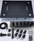 Top Shelf Ceiling Mount Rain Shower Kit With Bright LED Temp Display And Swift Handheld Switch Featuring Polished Body Jets Brushed Gold Thermostatic Valve Solid Build Bath Upgrade parts layout, black and gold components.