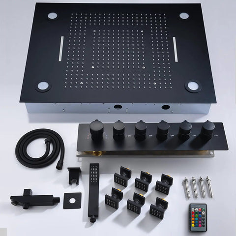 Top Shelf Ceiling Mount Rain Shower Kit With Bright LED Temp Display And Swift Handheld Switch Featuring Polished Body Jets Brushed Gold Thermostatic Valve Solid Build Bath Upgrade parts layout, black and gold components.