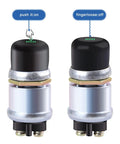 12V Weatherproof Push Button Start Switch with Black Neoprene Cap, showing on/off positions, for Cars Trucks Boats RVs and ATVs