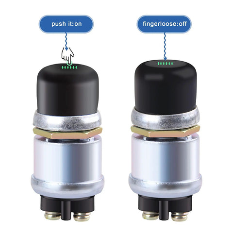12V Weatherproof Push Button Start Switch with Black Neoprene Cap, showing on/off positions, for Cars Trucks Boats RVs and ATVs