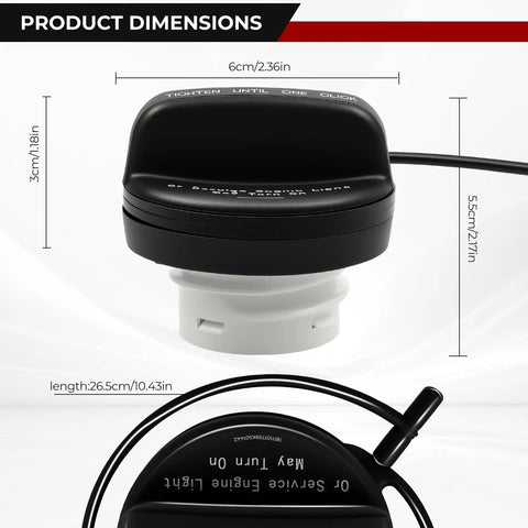 Gas Cap Replacement For 2011-2017 Chevy GMC Buick Cadillac SUVs And Trucks No Hassle Direct Fit shown with dimensions.