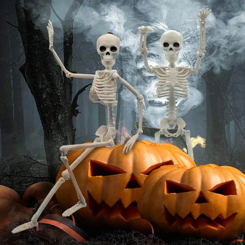 Indoor Halloween Skeletons Two Pack 15 Inch Life Size Full Body Posable Joints Skeleton Figures For Spooky Home Decor
