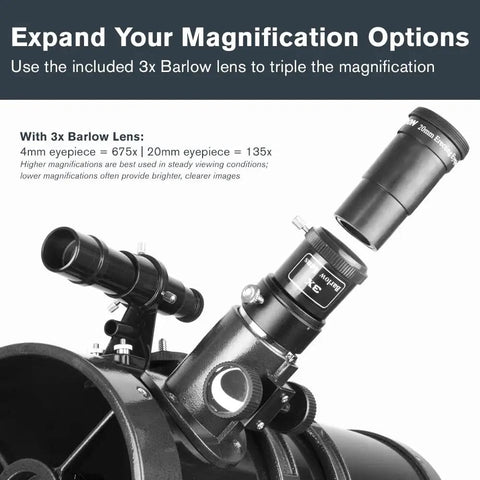 PowerSeeker 114EQ Telescope For Beginners with manual German equatorial mount and 3x Barlow lens to enhance magnification.
