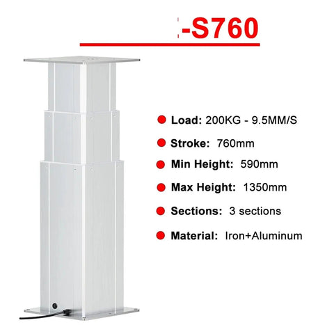 Heavy Duty Electric Lifting Column 200kg With Quiet DC24V Linear Actuator And Sensor For Height Adjustable Desks And Workstations Smooth Height Adjustment No Fuss Soft Start Stop 10mm Per Second Speed Multiple Stroke Options, 760mm stroke, iron-aluminum