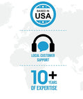 Infographic showing USA-based support, local customer service, and over 10 years of expertise against a world map background.