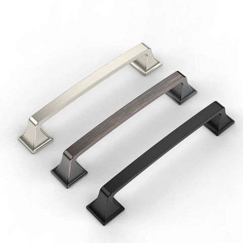 Three different styles of cabinet handles including 20 Pack 5 Inch Brushed Satin Nickel Cabinet Handles for Kitchen Cabinet Hardware and Drawer Pulls for Bathroom Dresser and Home Furniture with 128mm Hole Centers, Smooth Glide, Durable Brushed Finish, Easy Install, Modern Style, showcasing versatile designs.