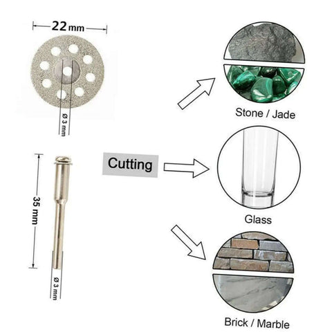 Diagram of Ten Piece Diamond Cutting Discs Set For Rotary Tools showing dimensions and examples of materials cut, like stone and glass.