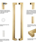 Beefy Heavy Duty Commercial Grade 18 Inch Satin Gold Push Pull Door Handle In Solid Stainless Steel 304 1.2mm Thick 30x30mm Square Cross Section Chamfered Edges 450mm Grip 420mm Bolt Spacing Durable Modern Finish, pair with bolts
