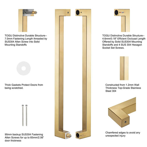 Beefy Heavy Duty Commercial Grade 18 Inch Satin Gold Push Pull Door Handle In Solid Stainless Steel 304 1.2mm Thick 30x30mm Square Cross Section Chamfered Edges 450mm Grip 420mm Bolt Spacing Durable Modern Finish, pair with bolts