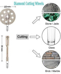 Diamond cutting wheels for rotary tools, 22mm size, suitable for cutting stone, jade, glass, and brick surfaces
