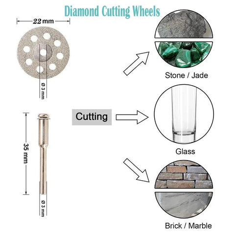 Diamond cutting wheels for rotary tools, 22mm size, suitable for cutting stone, jade, glass, and brick surfaces