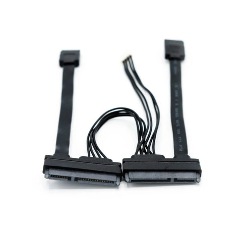 Compact SATA Y Cable For Single Board Computers And Tiny PC Builds, Dual Power And Data Splitter, Ultra Clean Wiring, Ideal For Tight Workspaces And Sleek Setups. black SATA Y cable with dual connectors for two drives