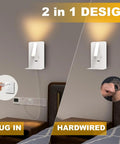 Plug In Wall Light For Bedroom With Two Separate Switches, LED Reading Light And Chill Night Light, USB Port Bedside Sconce, Wall Mounted Lamps, Warm White 3000K, shown in plug in and hardwired setup above nightstand.