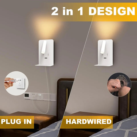Plug In Wall Light For Bedroom With Two Separate Switches, LED Reading Light And Chill Night Light, USB Port Bedside Sconce, Wall Mounted Lamps, Warm White 3000K, shown in plug in and hardwired setup above nightstand.