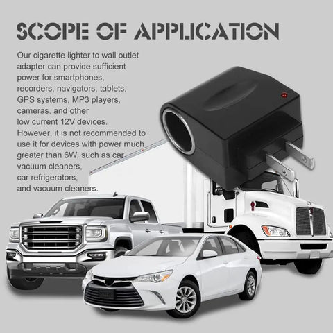 Premium No Sweat Car Cigarette Lighter To House Outlet Adapter Ac Dc Power Converter For Small Electronics Under Six Watts Travel Friendly Accessories with various vehicles in background.