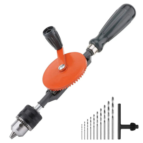 No-Fuss Manual Hand Drill 3/8 Inch Capacity With Precision Cast Steel Chuck, Double Pinions, Bi-Directional Rotation, Ideal For Wood Plastic Acrylic Circuit Boards, Easy Crank Punching Tool Orange