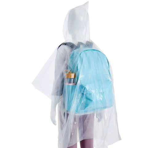 Child mannequin wearing Kids Rain Ponchos Pack Of 20 Disposable With Hood covering blue backpack, 42 by 60 inches, clear color