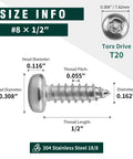 Dead Set Solid 304 Stainless Steel Security Screws In A Bulk Pack Of One Hundred Pieces With Tamper Proof Pin In Star Drive For Fence Deck Outdoor Work And Comes Fully Stacked With The Matching Driver Bit To Keep The Job Moving Smooth size info chart with dimensions and screw details.