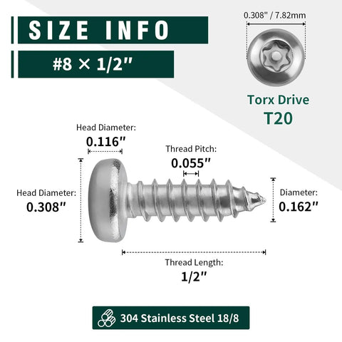 Dead Set Solid 304 Stainless Steel Security Screws In A Bulk Pack Of One Hundred Pieces With Tamper Proof Pin In Star Drive For Fence Deck Outdoor Work And Comes Fully Stacked With The Matching Driver Bit To Keep The Job Moving Smooth size info chart with dimensions and screw details.