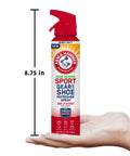 Sport Gear And Shoe Refresher Spray Heavy Duty Odor Defense For Gym Bags And Footwear Deodorizer For Boxing Gloves Hockey Pads Cleats Skates And Helmets With Fresh Guard Baking Soda Formula 6.7 Oz. shown in hand, 8.75 in tall spray bottle