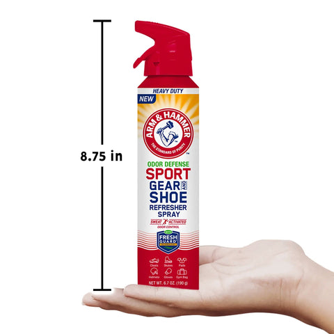 Sport Gear And Shoe Refresher Spray Heavy Duty Odor Defense For Gym Bags And Footwear Deodorizer For Boxing Gloves Hockey Pads Cleats Skates And Helmets With Fresh Guard Baking Soda Formula 6.7 Oz. shown in hand, 8.75 in tall spray bottle