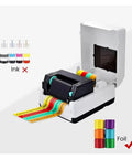Direct Thermal Label Printer Desktop High Speed 127MM Per Second Shipping And Apparel Tag Maker Built Tough With Plug And Play Convenience For No Hassle Home Office Workflow showing colorful labels.