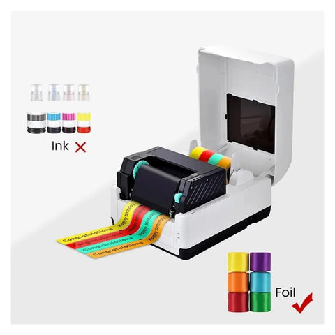 Direct Thermal Label Printer Desktop High Speed 127MM Per Second Shipping And Apparel Tag Maker Built Tough With Plug And Play Convenience For No Hassle Home Office Workflow showing colorful labels.