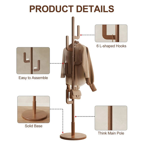 Cactus Style Solid Wood Coat Rack With Six L Shaped Hooks Freestanding Walnut Coat Tree with jacket shown, highlighting hooks and base.