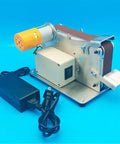 Compact Mini Belt Sander With Polishing Wheel And Automatic Tensioning For Desktop Use, showing base, motor, and power supply.