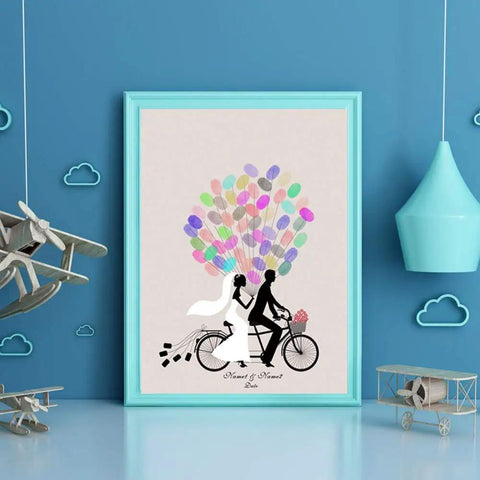 Legit Interactive Wedding Fingerprint Canvas Guest Book Pairing Six Bright Inks With A Cool Couples Bike Design on wall.