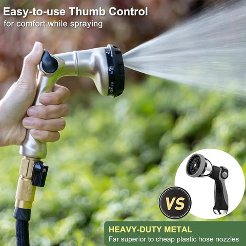 All Metal Heavy Duty Garden Hose Nozzle With Thumb Control Sprayer, 8 Spray Patterns, shown in use with water spray