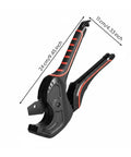 Ratcheting Tube Cutter For PVC Tubing Beastly Heavy Duty Aluminum Pipe Shear with dimensions, shown in black and red