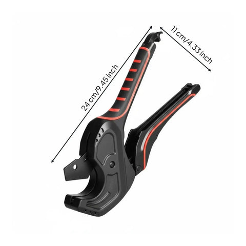 Ratcheting Tube Cutter For PVC Tubing Beastly Heavy Duty Aluminum Pipe Shear with dimensions, shown in black and red