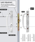 White Patio Sliding Glass Door Handle Set With Reversible Design Fits 1 3 8 To 2 1 4 Inch Thick Wood Or Vinyl Doors 3 15 16 Inch Hole Centers And 45 Degree Keyway For Offset B Position Latch Installations diagram with screws and parts labeled.