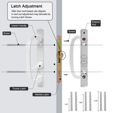 White Patio Sliding Glass Door Handle Set With Reversible Design Fits 1 3 8 To 2 1 4 Inch Thick Wood Or Vinyl Doors 3 15 16 Inch Hole Centers And 45 Degree Keyway For Offset B Position Latch Installations diagram with screws and parts labeled.