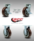 Heavy Duty Six Inch Polyurethane Casters Set Of Four Stainless Steel Top Plates Two Swivel With Brakes And Two Rigid Setup showing bolt-on swivel locks included.