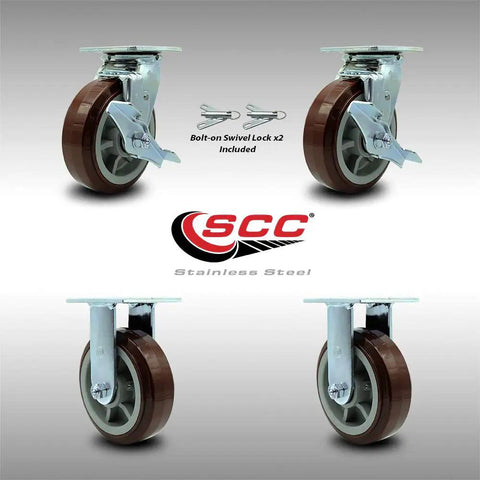 Heavy Duty Six Inch Polyurethane Casters Set Of Four Stainless Steel Top Plates Two Swivel With Brakes And Two Rigid Setup showing bolt-on swivel locks included.