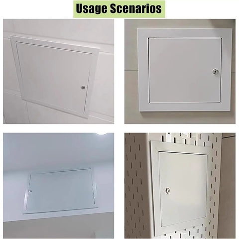 Paintable Lockable Access Panel For Drywall 7X12 Inch Beefy Metal Wall Hole Cover showcased in four usage scenarios.