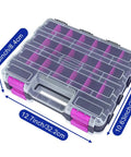 Purple 50-Compartment Double-Sided Tools Organizer Box With Removable Dividers, shown closed with dimensions indicated.