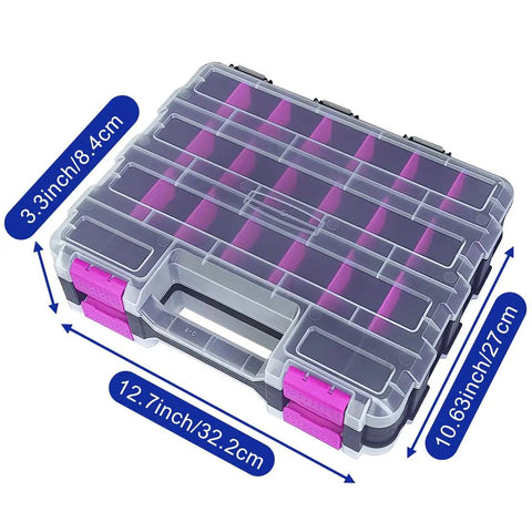 Purple 50-Compartment Double-Sided Tools Organizer Box With Removable Dividers, shown closed with dimensions indicated.