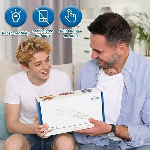 Father and son unboxing 3D Printing Pen Kit With Adjustable Temperature And Stepless Speed PLA And ABS Compatible LCD Display.