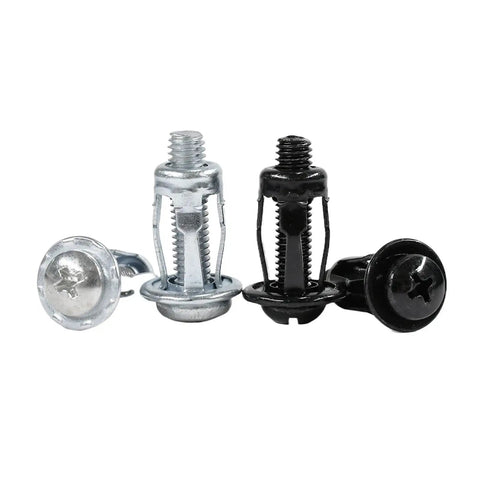 Expansion Petal Rivet Nut Kit M4 M5 M6 For Hollow Wall Mounts And License Plates Durable Carbon Steel Zinc Plated Fasteners For Indoor Outdoor Use Ideal For Auto Motorcycle And RV Body Mounting, silver and black rivet nuts shown