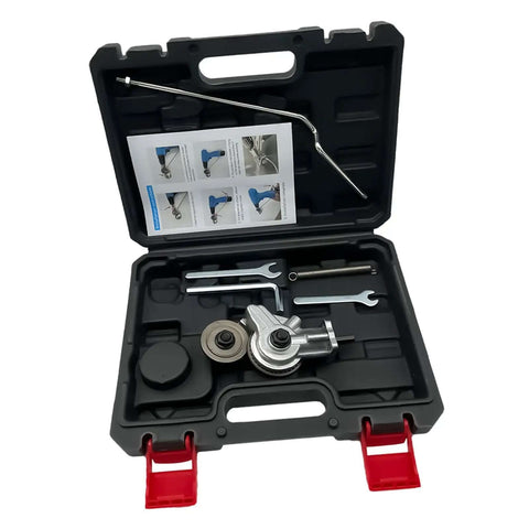 Double Head Sheet Metal Nibbler Drill Attachment in Style B Plastic Box with tools and manual, heavy duty cutting tool for cars and home repairs.