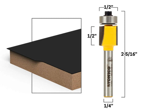 Pattern Bit Flush Trim Router Bit 1/2 Inch Laminate, 1/4 Inch Shank, Pro Grade Micro-Grain Carbide with dimensions and illustration