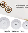Adjustable Wall Plate Hanger Display Holder For 7 To 14 Inch Plates Plaques And Artwork shown with various plate sizes on wall.