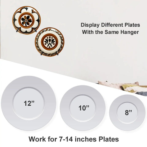 Adjustable Wall Plate Hanger Display Holder For 7 To 14 Inch Plates Plaques And Artwork shown with various plate sizes on wall.