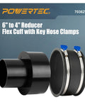Solid Build 6 To 4 Inch Dust Collection Hose Reducer Adapter Featuring Slip On Flex Collar And Heavy Gauge Steel Clamps for tool connections.