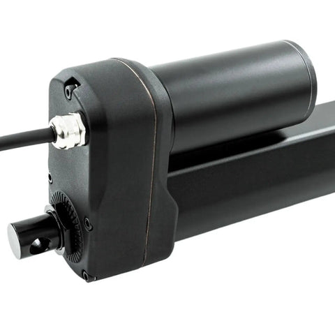 Close-up of Bulletproof 24V Linear Actuator Motor delivering 2000N thrust across an 850mm stroke for solar tracker mods.