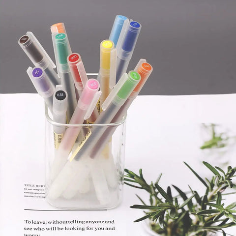 Ultra Fine Point 0.38mm Gel Pens Set, 12 Dope Colors For Note Taking displayed in a transparent holder with visible pen tips.